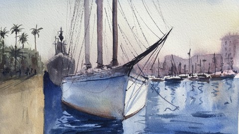 Painting an old schooner at the seaport of Barcelona