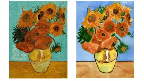 Watercolour painting. Paint Van Gogh sunflowers.For beginner