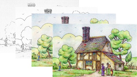 Draw a Cottage with Watercolor Pencils & Pen and Ink