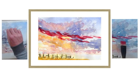 Watercolour color painting. Beach sunset. One brush Loose .