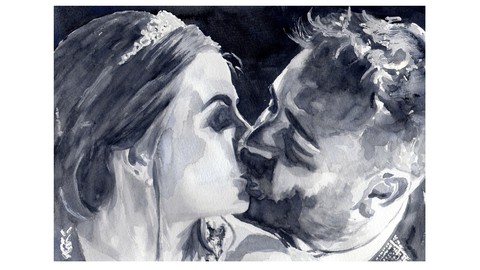 Watercolour color painting. How to paint a wedding portrait.