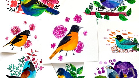 Birds and Florals in Watercolor