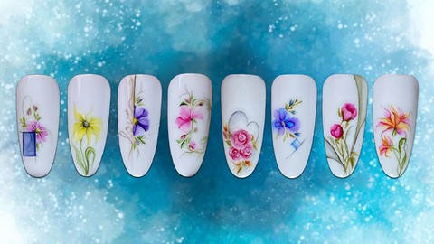 Aqua Flower Dream - Watercolor Nail Art Designs