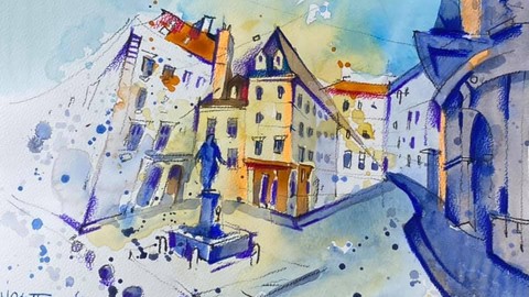 Акваграфика. Австрийский городской и деревенский пейзаж