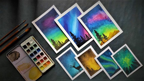 Learn Watercolor Northern Lights, Aurora & Galaxy Painting