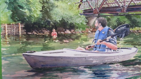 'Kayaking on the Saugeen River' Watercolour Painting