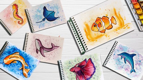 Aquatic Life & Fishes Watercolor : 21 Paintings