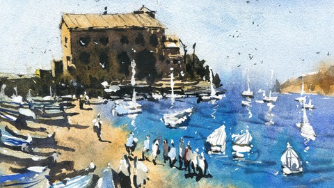 Painting a Coastal Landscape with Boats and Buildings