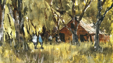Country Barn House Landscape in Watercolour