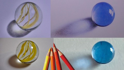 透明ビー玉と模様のあるビー玉を色鉛筆でリアルに描く、本物そっくりに描くための塗り方と物をじっくり見る観察力をつける