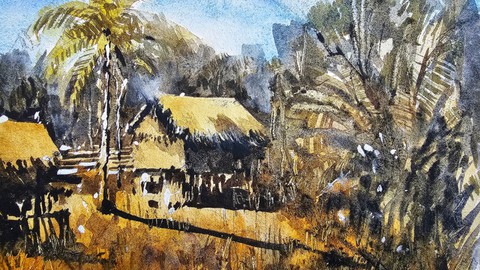 Loose Watercolour Landscape Painting: Laos Scene