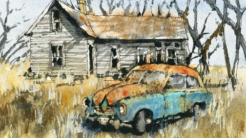 Pen and Wash Essentials: Old Car and Building Scene