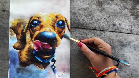 Watercolor painting: Realistic Dog portrait, step by step 