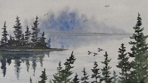 Watercolor Art Lake Scene with Birds - Paint Step by Step