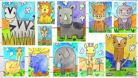 Draw & Watercolor Paint 12 Cartoon Animals for Beginners