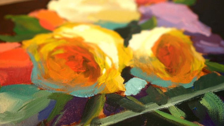 TWO Fun Modern Still life Flowers and Roses Acrylic painting