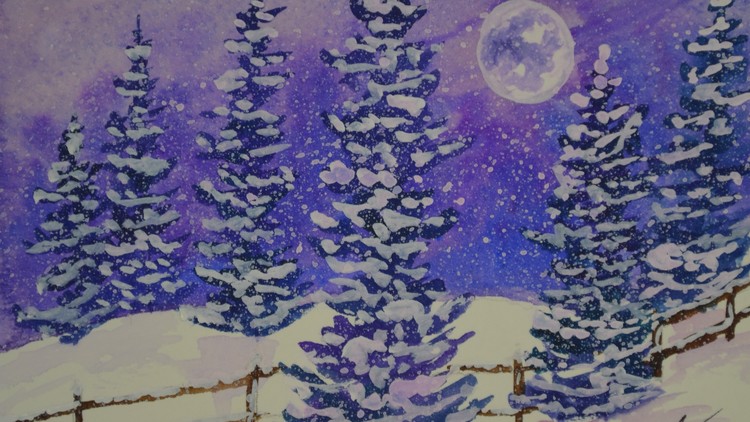 Beginner Watercolor Painting Course - Easy Winter Snow Scene